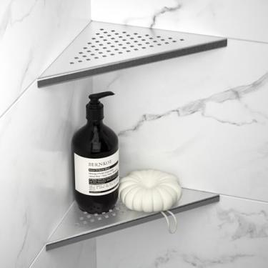 Imagem de Bernkot Prateleira de chuveiro de canto de 20 cm, pacote com 2, argamassa de aço inoxidável 304 para parede de azulejos, prateleira de banheiro embutida, sem necessidade de perfuração (20 cm, prata)