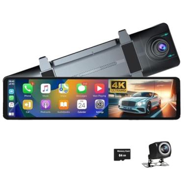 Imagem de XRC TECH Câmera retrovisora com câmera veicular WiFi 4K de 11,26 polegadas, sem fio, carplay/Android com lente dupla 1080p, gravador de vídeo DVR, rastreador GPS, função de música, comando de voz AUX