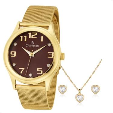 Imagem de Relogio champion feminino dourado visor chocolate cn29007r+ kit semi j