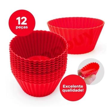 Imagem de 12 Formas Muffin Cupcake Bolinho Forminha Vermelha Jogo Kit Em Silicon