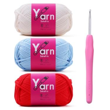 Imagem de Sekafris Fio de crochê com fio de algodão para crochê - fio de tricô de crochê para iniciantes com pontos fáceis de ver - fio para crochê - fio grosso - mistura de algodão (carmesim + branco + azul pálido)