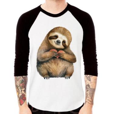 Imagem de Camiseta Raglan Bicho Preguiça Coração Manga 3/4 - Foca na Moda, Branc