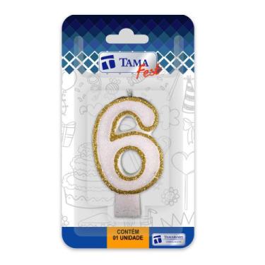 Imagem de Vela de aniversário Número Branco e Dourado Nº 6 com 10 un. - TAMAROZZ