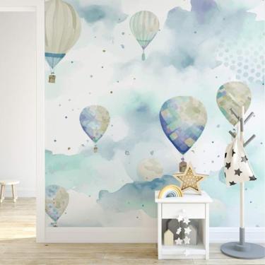 Imagem de Papel de Parede Quarto Bebê Balões Azul Aquarela Painel 6m² - Quartinh