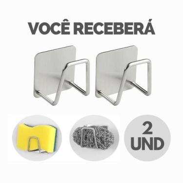 Imagem de Kit Suporte Porta Esponja Bucha Inox Gancho Adesivo Organizador - Esco