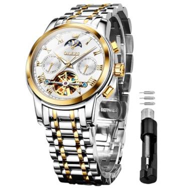 Imagem de OLEVS Relógios masculinos automáticos esqueleto turbilhão mecânico corda automática luxo relógio de pulso presentes, Pulseira de dois tons e mostrador branco, 6617
