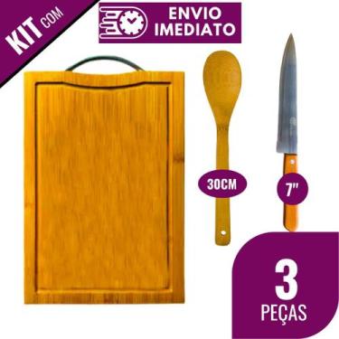 Imagem de Kit de Tábua de Corte com Sulco Alça Colher Bambu Faca Cabo de Madeira