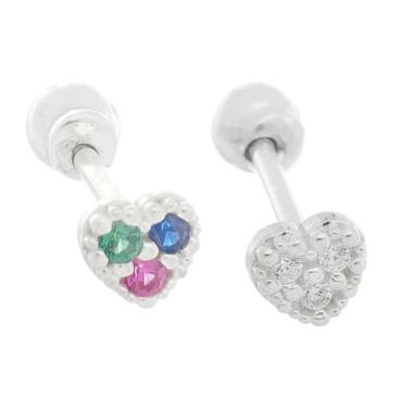 Imagem de Kit 2x Piercings Tragus Reto Coração Cravejado Prata 925 8mm - MPJoias
