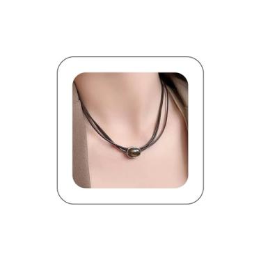 Imagem de Xduargs Colar gargantilha de couro em camadas boho de couro preto, vintage, opala oval, multicamadas, opala âmbar, colar oval, joia feminina, Zinco, Sem Pedra Preciosa