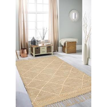 Imagem de Hausattire Tapete de área boho de juta 1,2 m x 1,8 m - bege natural, antiderrapante, grande, tapete quadriculado de diamante para sala de estar, sala de jogos infantil, piso de quarto | Tapetes