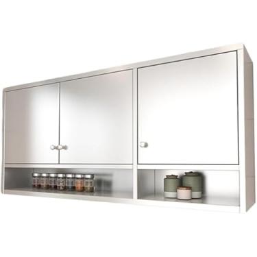 Imagem de Armário de parede de cozinha de aço inoxidável com portas duplas e prateleiras ajustáveis Prateleira de armazenamento montada na parede para sala de estar, cozinha, banheiro, prata, 150 x 30 x 70 cm