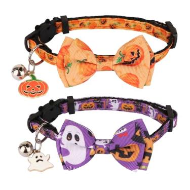 Imagem de Coleiras de gato de Halloween com sino de laço, coleira de gato separada com gravata borboleta, abóbora, fantasma, gato, gatinhos (amarelo e roxo)
