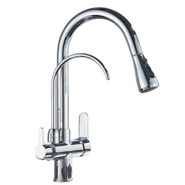 Imagem de Torneira de cozinha com filtro de água 2 em 1, torneira de purificação de cozinha de latão antigo, torneira giratória de 2 vias, cromada B