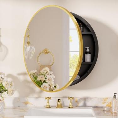 Imagem de TETOTE Armário de remédios dourado com espelho redondo armários de remédios 50 x 50 para banheiro moderno organizador de banheiro com prateleiras ajustáveis montadas na parede