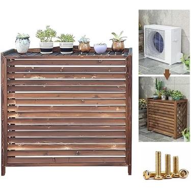 Imagem de Tampa do radiador da estrutura do rack de ar condicionado, madeira maciça com veneziana Suporte de flores para ar condicionado Tela de cerca de armazenamento da estrutura externa para oculta