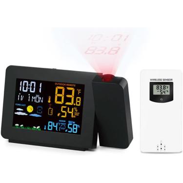 Imagem de Relógio de alarme de projeção, estação meteorológica inteligente de relógio de quarto com sensor externo, relógio de alarme com display digital de temperatura LED interno/externo
