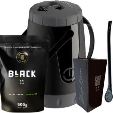 Imagem de Kit Para Tereré Garrafa Lisa Black Erva Mate 500g Copo Cuia Quadrado Acrílico Bomba Clássica Preta (LEMON BLEND)