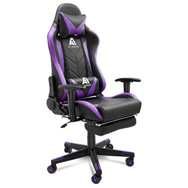 Imagem de Cadeira de jogos com encosto alto ergonômica cadeira de corrida de computador ajustável com apoio para os pés, cadeira giratória de suporte lombar - versão atualizada preto-roxo