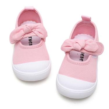 Imagem de GENGASUN Tênis infantil feminino de lona, laço Mary Jane, sapatos rasos para uniforme escolar, sapatos sociais, Rosa, 22 BR