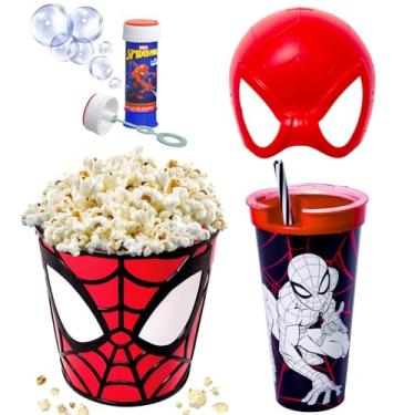 Imagem de Kit Presente do Homem Aranha Infantil Balde de Pipoca Grande Copo Com Canudo Máscara Vermelha e Tubo de Bolhas de Sabão