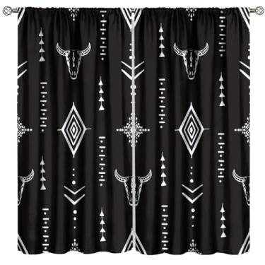 Imagem de Cortinas blackout tribais astecas, boêmia ocidental, caveira, touro, vintage, rústica, preta, estampada, para sala de estar, quarto, 21 x 63 (C) 2 painéis