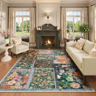 Imagem de LIVEBOX Tapete lavável para sala de estar 20 x 25 cm, tapetes macios de patchwork laváveis para quarto, tapetes antiderrapantes ultrafinos para sala de jantar para embaixo da mesa, tapete botânico