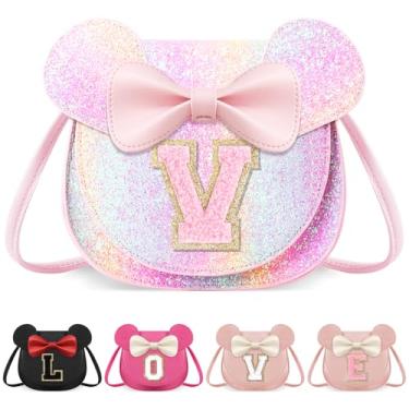 Imagem de izuzta Bolsa infantil para crianças 1 2 3 4 5 6 7 8 anos de idade bonito mouse orelha laço bolsa transversal presente de aniversário, Bolsa grande/brilhante/letra rosa, V, V