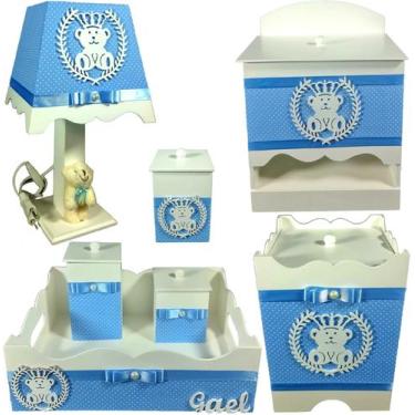 Imagem de Kit Higiene bebê Mdf menina 7 pçs - URSINHO AZUL BB BOLINHA BRANCO - F