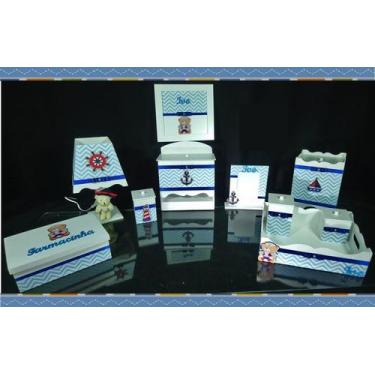 Imagem de Kit Higiene bebê Mdf 10 peças - URSO MARINHEIRO CHEVRON AZUL BB - Flor