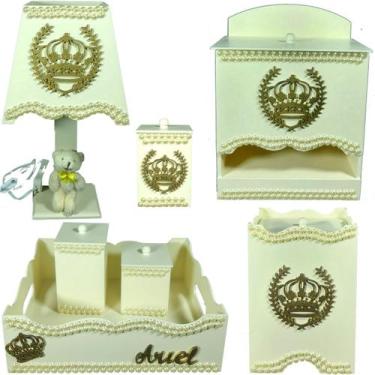 Imagem de Kit Higiene bebê Mdf unissex 7 pçs - CREME COM PEROLAS DE COROA - Flor
