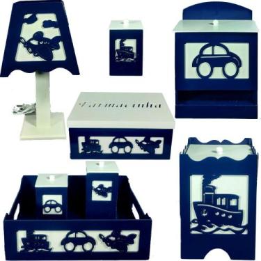 Imagem de kit de higiene bebe mdf 8 pçs Transporte azul marinho tampas brancas -