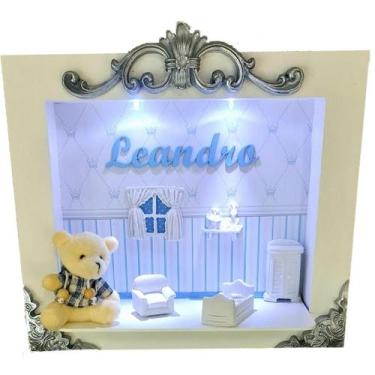 Imagem de Quadro Enfeite Porta Maternidade Cenário Led - Branco com Azul BB e pr