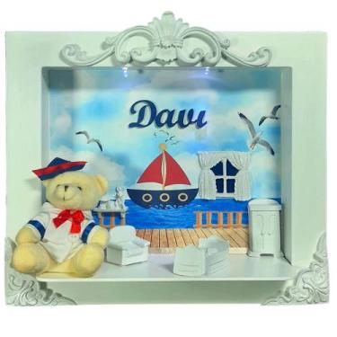 Imagem de Quadro Porta Maternidade Cenário Led  e nome - Urso marinheiro - Flore