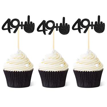 Imagem de Gersoniel 24 peças 49 + 1 enfeite de cupcake engraçado 50º aniversário palhetas de cupcake glitter preto dedo médio topo de bolo decoração de bolo de cinquenta xícaras para decorações de feliz