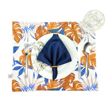 Imagem de Jogo Americano Dupla face - Kit Mesa Posta 4 Capas + 4 Guardanapo + 4 Porta Guardanapo - Retangular (44x37) Sousplat/suplat - Costura Mágica (Costela Adão Marrom/Azul)