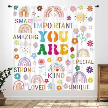 Imagem de Cortinas com citação de arco-íris, desenho animado para crianças, flores fofas, sol, palavras motivacionais, para meninos e meninas, cortinas de janela para quarto de bebê, boêmio, arco-íris, sala de