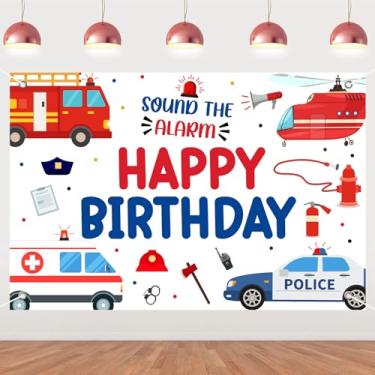 Imagem de Sursurprise Decorações de festa de aniversário de veículo de emergência, 2,1 x 1,5 m, som o alarme, feliz aniversário, pano de fundo, fotografia, fundo, equipes, resgate, primeiros socorros