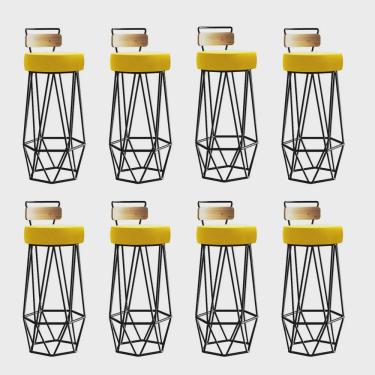 Imagem de Kit 08 Banqueta Com Encosto Botti Hexágono Cozinha Peroba Rosa Ferro Preto Suede Amarelo - Ahz Móveis