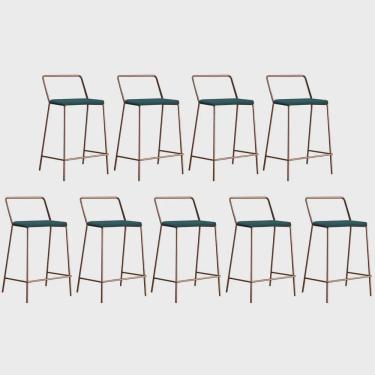 Imagem de Kit 09 Banqueta Alta Com Encosto Mili Industrial Cozinha Bistrô Ferro Bronze Sintético Azul Turquesa - Ahz Móveis