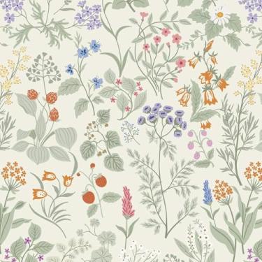 Imagem de Dimoon Papel de parede de 43,9 cm x 199,9 cm Papel de parede floral para contato com papel de parede bege verde amigável ao locatário impermeável removível papel de parede autoadesivo para quarto