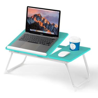 Imagem de Mesa de laptop para sofá, mesa de cama dobrável ajustável com suporte de copo, bandeja de servir café da manhã, suporte de mesa portátil para laptop, para trabalhar, ler, escrever, comer, jogar (azul)