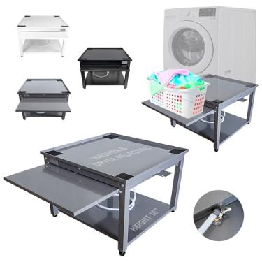 Imagem de Pedestal de lavadora e secadora com prateleira removível - 68,5 cm L, 45,7 cm A, aço cinza ajuste universal com as principais marcas | Pedestal de lavanderia com bandeja de drenagem e mangueira |
