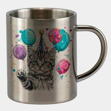 Imagem de Caneca de Inox Premium Prateada 400ml GATINHO ANIVERSARIO BALOES - Cri