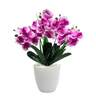 Imagem de Arranjo de Orquídea Artificial Rosa com Vaso Barca, 35 cm de altura, Flores de Silicone Real Toque (Violeta Vaso Branco)