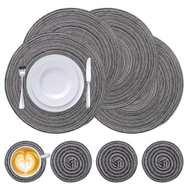 Imagem de Sekonow Conjunto de 4 jogos americanos redondos e 4 porta-copos de 38 cm + 111 cm, tapetes de mesa de jantar antiderrapantes Boho resistentes ao calor para ambientes internos e externos (cinza)