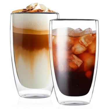 Imagem de Conjunto de 2 canecas de café de vidro, copos térmicos isolados de 450 ml, copo de café de vidro transparente de parede dupla para chá/suco/leite, caneca de café expresso de cappucino latte, presente