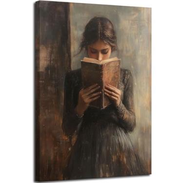 Imagem de Tela de leitura feminina vitoriana emoldurada arte de parede vintage Dark Academia Moody Books Poster Print Gothic Librariancore Nook Painting Picture for Book Lover Gifts Bedroom Gallery Wall Decor