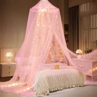 Imagem de YEERSWAG Dossel De Cama Com Luzes, Para Meninas, Princesa, Estrelas Luminosas, Cortinas, Solteiro, King Size, Decoração Interna Bebês, Crianças, Adultos, Quarto, Canto Leitura, Acampamento Ao Ar Liv