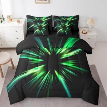 Imagem de jejeloiu Conjunto de edredom geométrico geométrico, abstrato, ombré, 7 peças, listrado, verde e azul-petróleo, simples, moderno, cama de arte geométrica em uma bolsa com edredom, lençóis, fronhas e