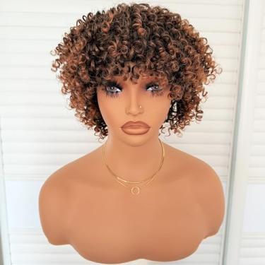 Imagem de Charming cascade Peruca Curta Crespa E Cacheada Com Franja De 6" Ombre Brown Afro Wigs Para Mulheres Negras, Fibra Sintética Macia Resistente Ao Calor